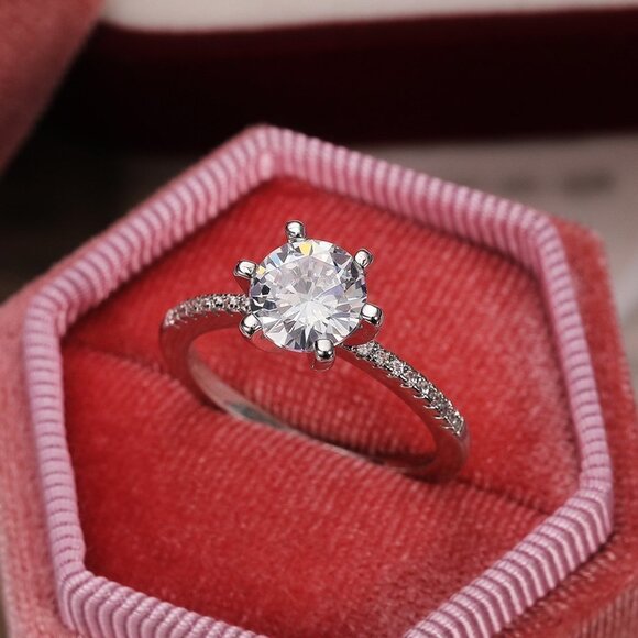 🌸DIAMOND SOLITAIRE FLOWER ROUND BRILLIANT CUT CZ WEDDING RING, K766 - Picture 9 of 9